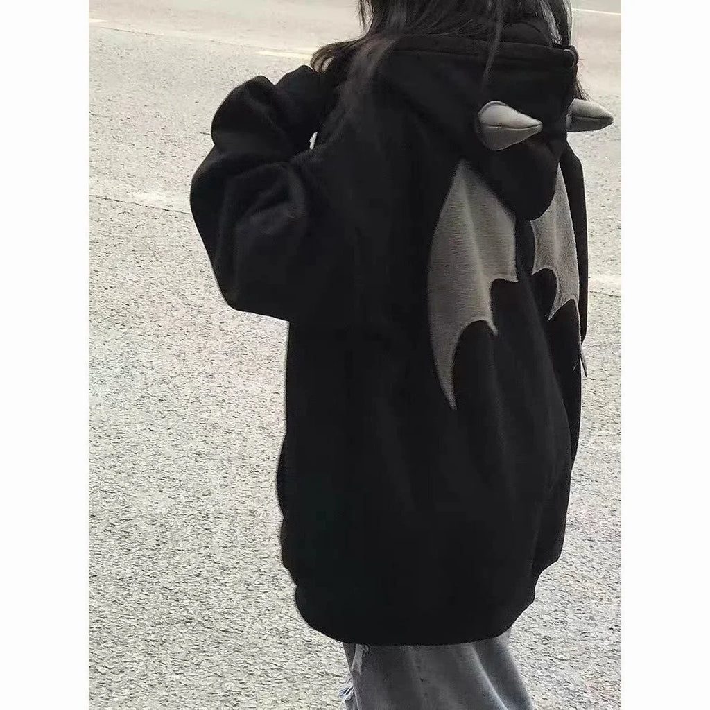 Evil Horns Hoodies Women Men Vintage Harajuku Hoody Zip Up Sweatshirt Hip Hop Streetwear Y2k Aesthetic Grunge Cardigan Tops