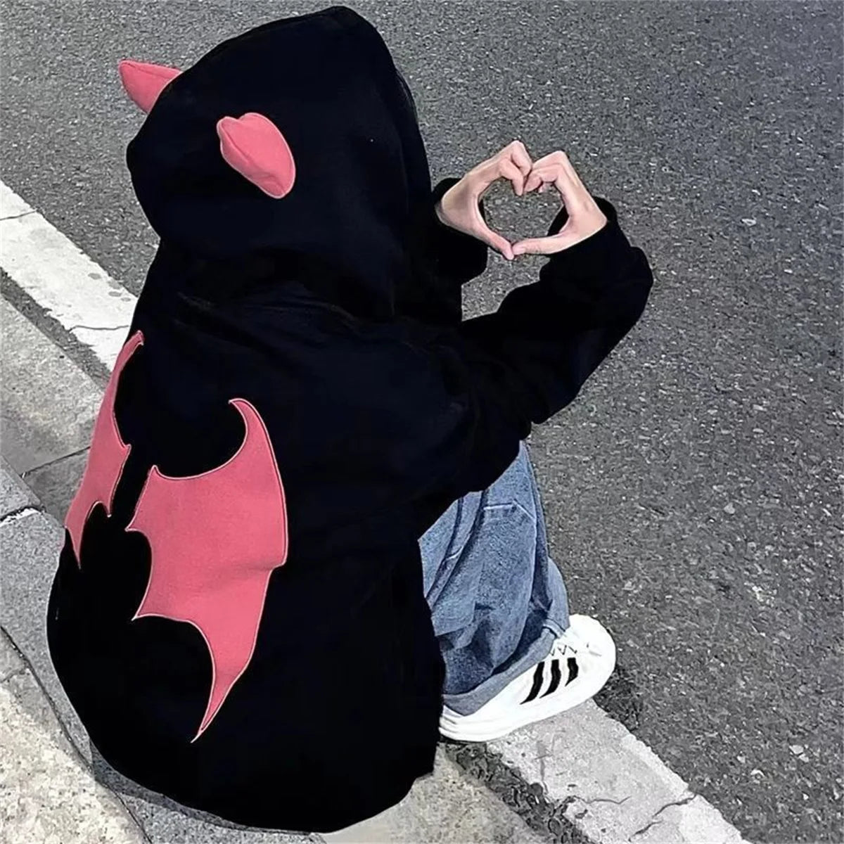 Evil Horns Hoodies Women Men Vintage Harajuku Hoody Zip Up Sweatshirt Hip Hop Streetwear Y2k Aesthetic Grunge Cardigan Tops